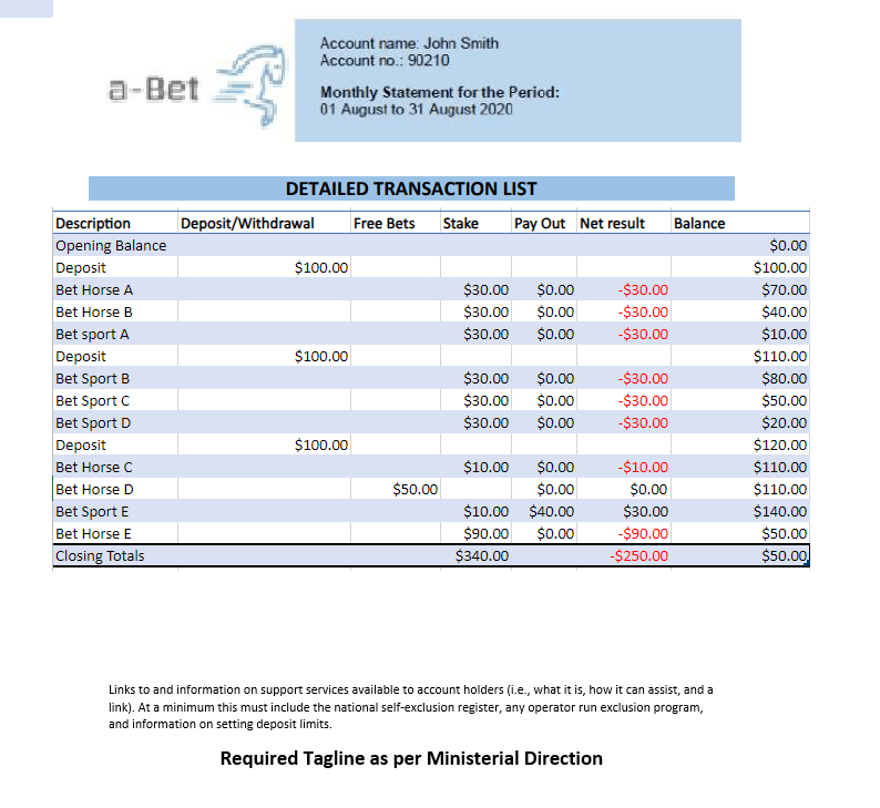 Example of monthly activity statement